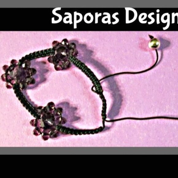 Handmade Black Braided Rope Bracelet With Purple Flower Shaped Beads - Picture 1 of 1